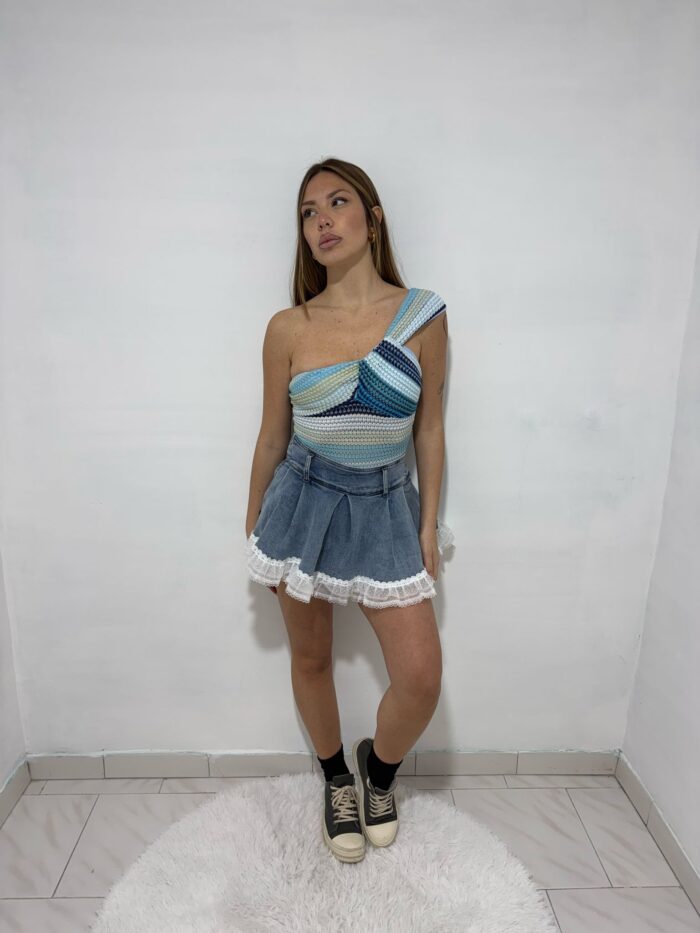 pantagonna in denim con merletto